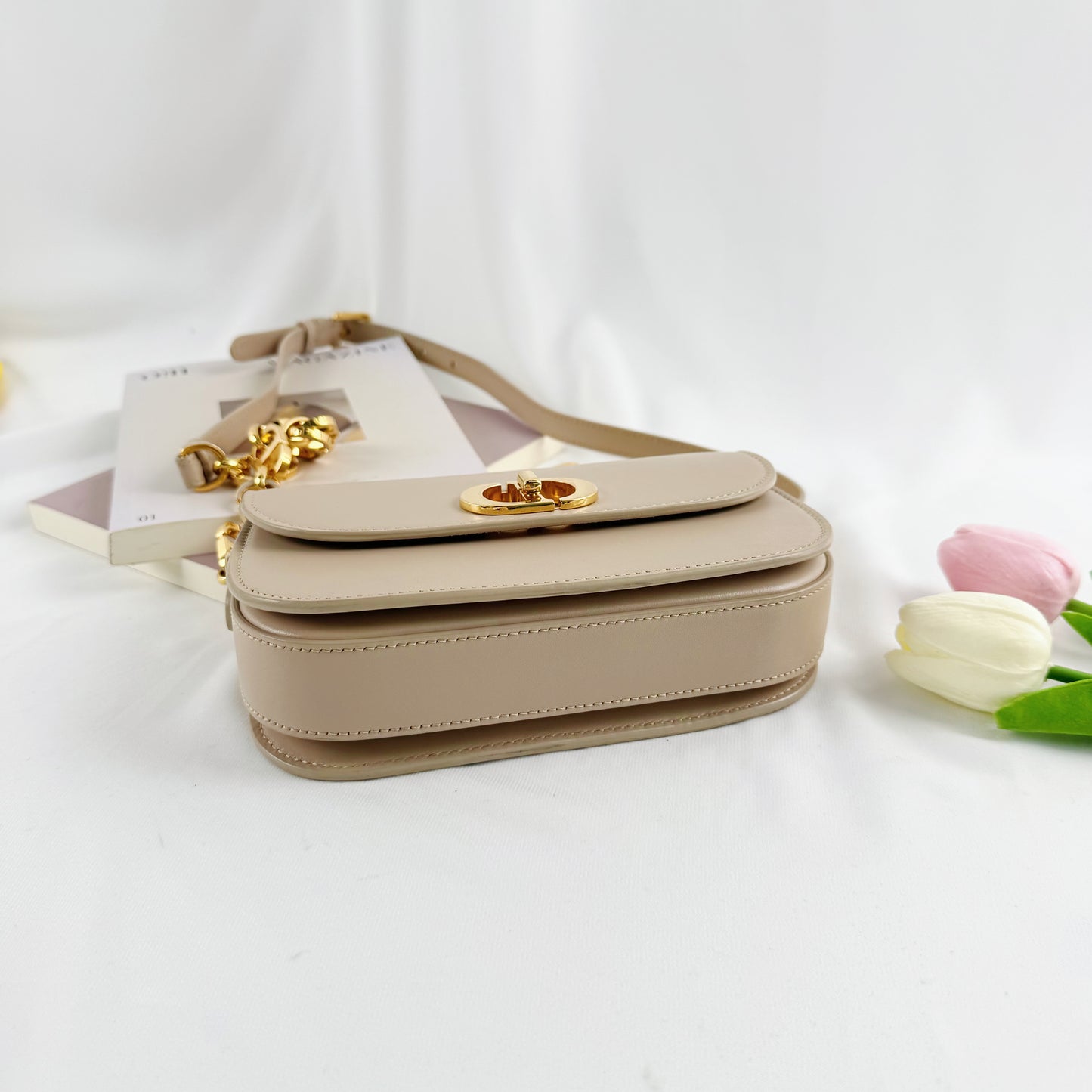 Dior Small Avenue Montaigne Bag, Beige Smooth Calfskin, Gold-tone CD Turnlock Hardware