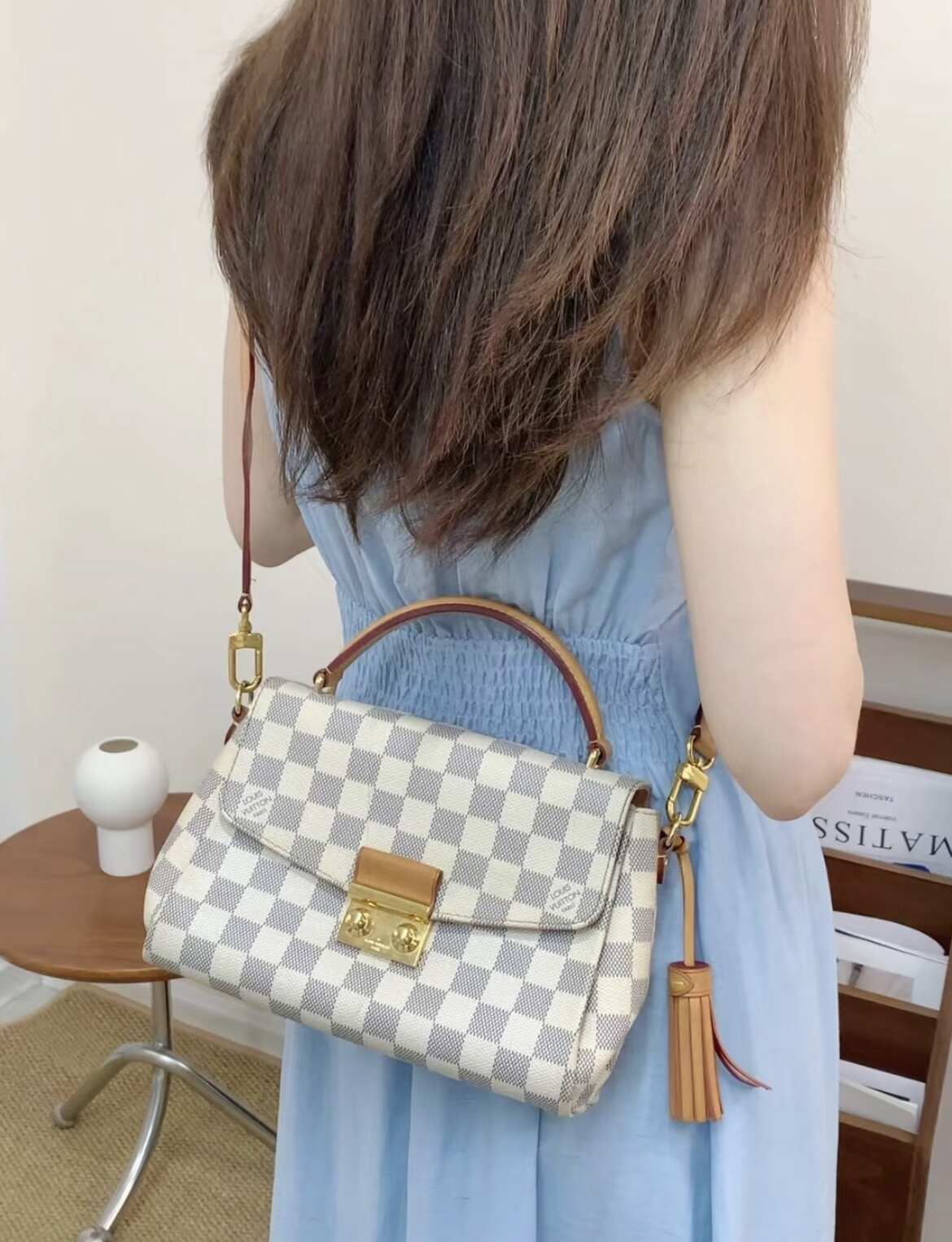 Louis Vuitton Croisette, Damier Azur Canvas, Natural Cowhide Trim with Tassel, Gold-tone Hardware