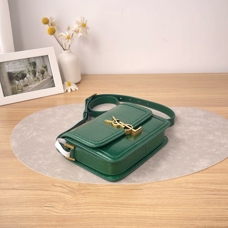 YSL Medium Solferino Shoulder Bag, Green Lizard Embossed Calfskin, Antique Gold-tone YSL Logo Hardware