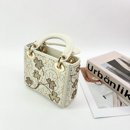 Mini Lady Dior Bag, White Calfskin with Gold Clover Embroidery & Sequins, Gold Hardware