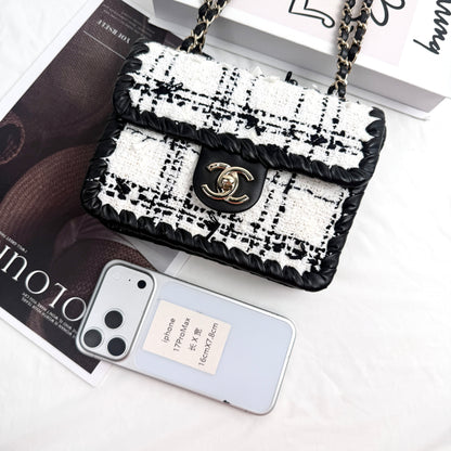 Chanel Classic Flap Mini, 22C Collection, Black & White Tweed with Braided Leather Trim, Gold-tone Interlocking CC Hardware