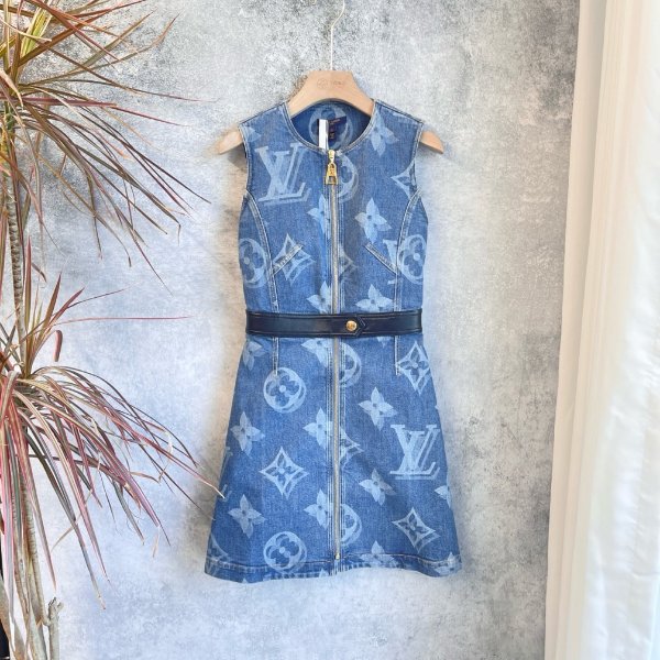 Louis Vuitton Monogram Denim Sleeveless Zip Front Mini Dress with Leather Belt