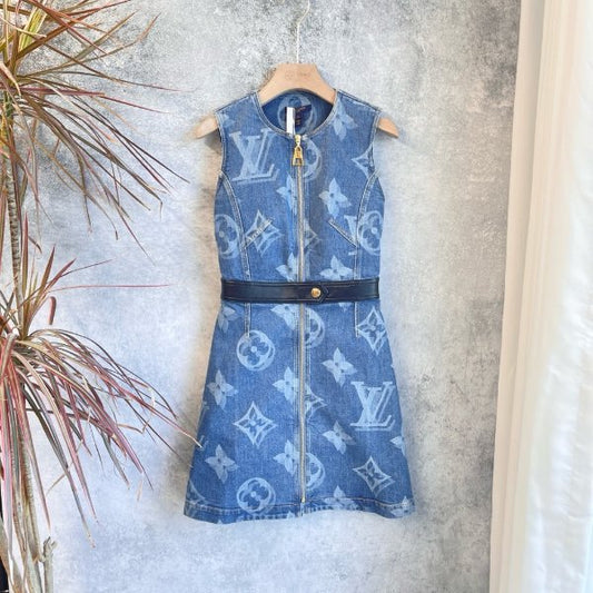 Louis Vuitton Monogram Denim Sleeveless Zip Front Mini Dress with Leather Belt