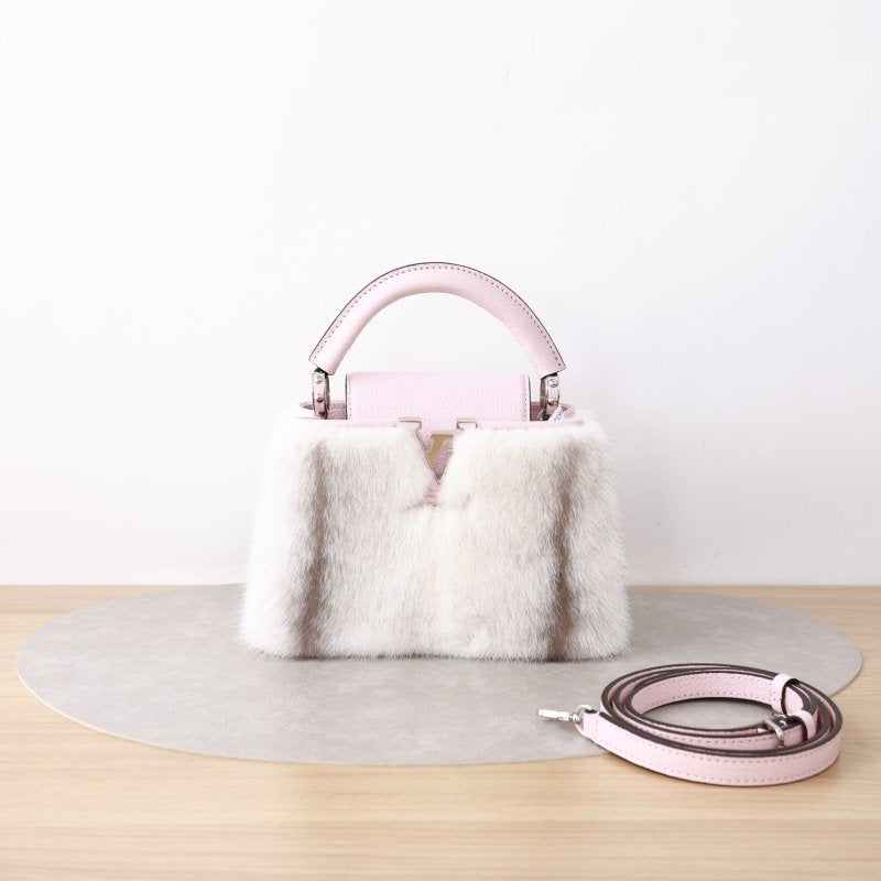 Louis Vuitton Mini Capucines Limited Edition, Mink Fur & Pink Taurillon Leather, Gold LV Clasp Hardware, Detachable Crossbody Strap