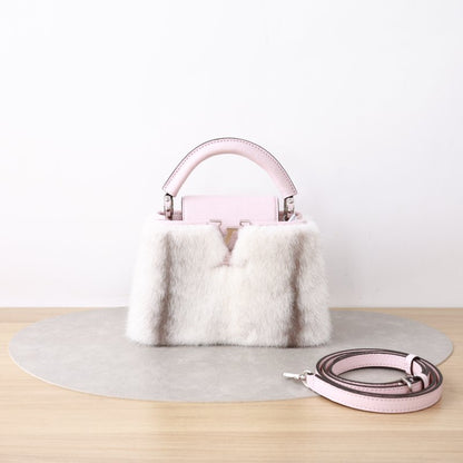Louis Vuitton Mini Capucines Limited Edition, Mink Fur & Pink Taurillon Leather, Gold LV Clasp Hardware, Detachable Crossbody Strap