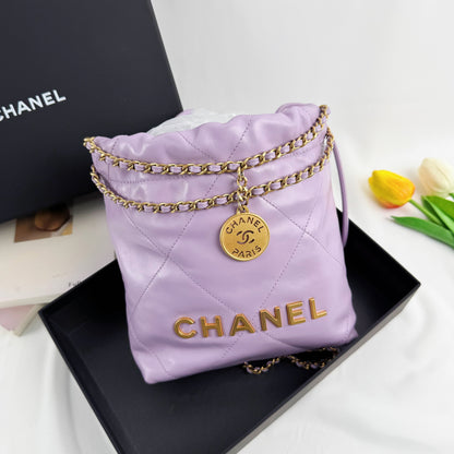 Chanel Mini 22 Handbag, 24P Cruise Collection, Lavender Shiny Lambskin, Gold-tone Metal Hardware