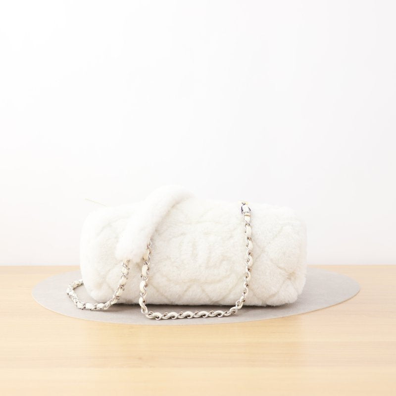 Chanel Coco Neige Bowling Bag, 23N Collection, White Shearling Fur, Silver-tone Interlocking CC Hardware with Chain Strap