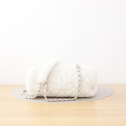 Chanel Coco Neige Bowling Bag, 23N Collection, White Shearling Fur, Silver-tone Interlocking CC Hardware with Chain Strap