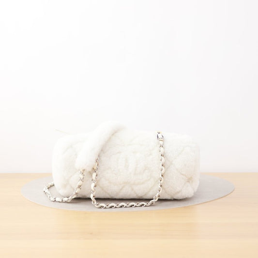 Chanel Coco Neige Bowling Bag, 23N Collection, White Shearling Fur, Silver-tone Interlocking CC Hardware with Chain Strap