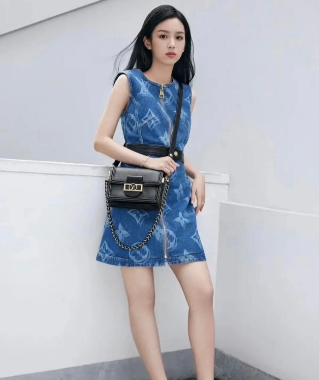 Louis Vuitton Monogram Denim Sleeveless Zip Front Mini Dress with Leather Belt