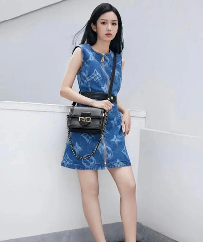 Louis Vuitton Monogram Denim Sleeveless Zip Front Mini Dress with Leather Belt