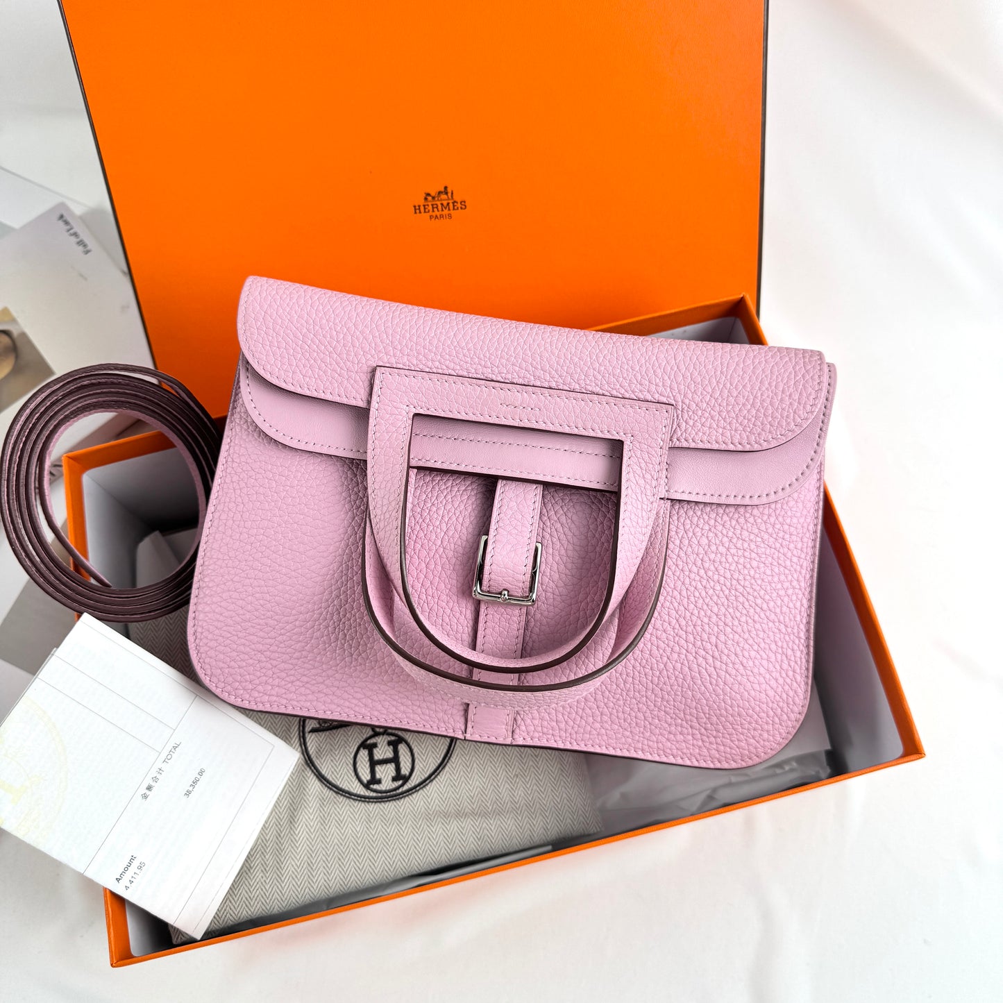Hermès Halzan 25 Bag, Mauve Sylvestre Taurillon Clemence Leather, Palladium Hardware, U Stamp