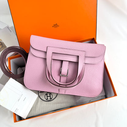 Hermès Halzan 25 Bag, Mauve Sylvestre Taurillon Clemence Leather, Palladium Hardware, U Stamp