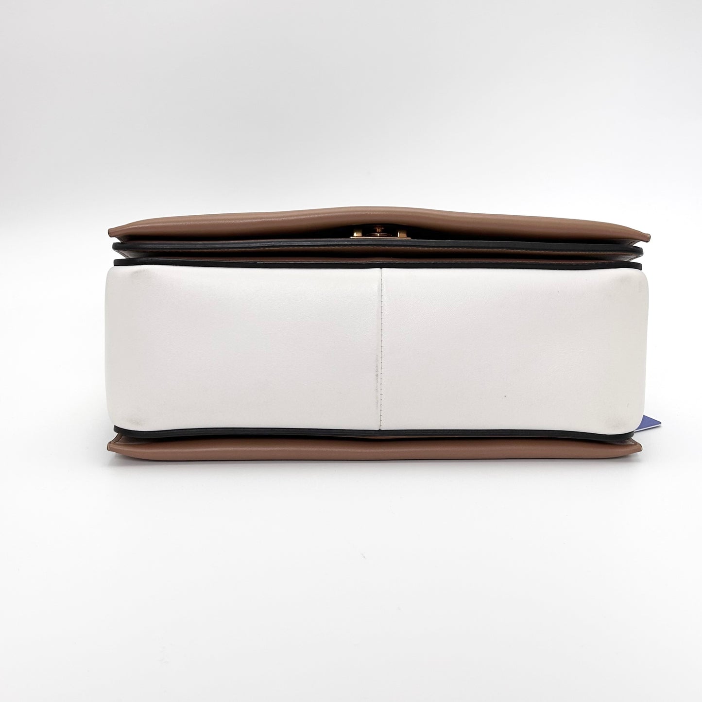 Celine Frame Shoulder Bag, Brown & White Smooth Calfskin, Gold-tone Clasp Hardware with Wide Leather Strap