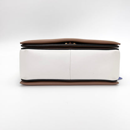 Celine Frame Shoulder Bag, Brown & White Smooth Calfskin, Gold-tone Clasp Hardware with Wide Leather Strap