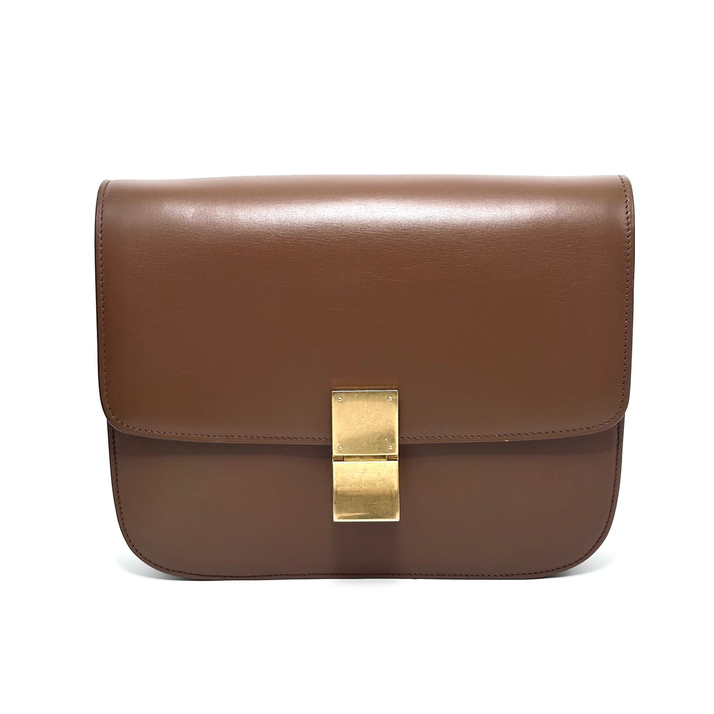 Celine Medium Classic Box Flap Bag, Brown Smooth Calfskin, Gold-tone Clasp Hardware, Detachable Shoulder Strap