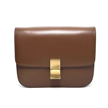 Celine Medium Classic Box Flap Bag, Brown Smooth Calfskin, Gold-tone Clasp Hardware, Detachable Shoulder Strap