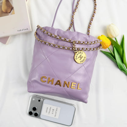 Chanel Mini 22 Handbag, 24P Cruise Collection, Lavender Shiny Lambskin, Gold-tone Metal Hardware