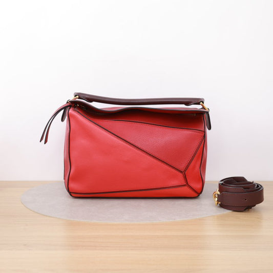 Loewe Medium Puzzle Edge Bag, Two-tone Red & Dark Brown Calfskin, Gold-tone Hardware, Top Handle with Detachable Crossbody Strap