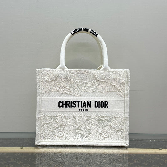 Dior Medium Book Tote, Limited Edition White Butterfly Embroidery Raffia & Canvas Tote Bag