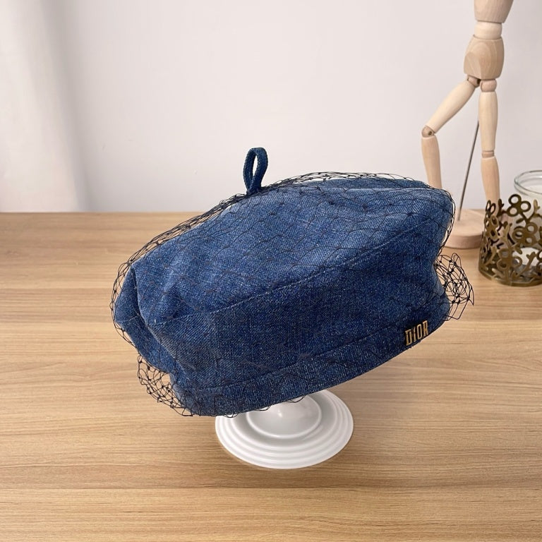 Dior Arty Beret, Blue Denim Cotton with Black Veil Netting, Gold Metal Dior Logo