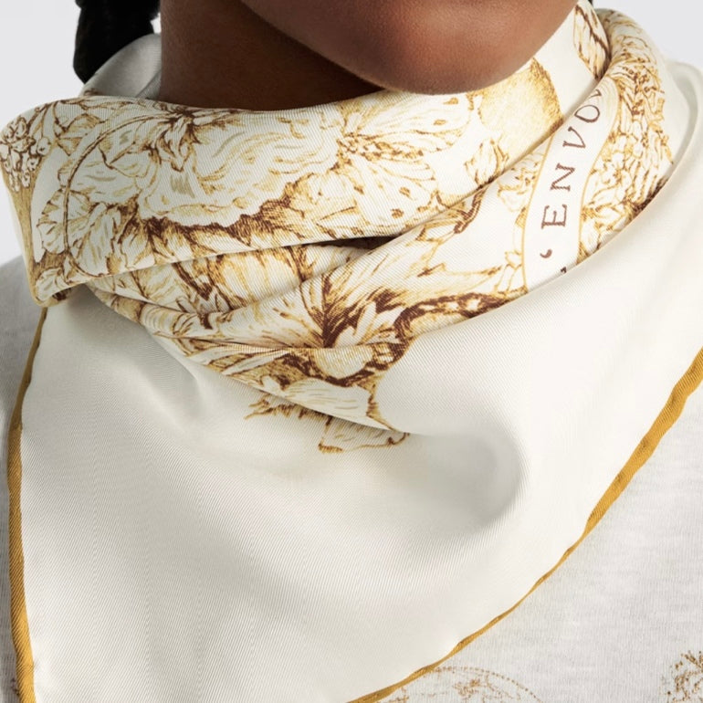 Dior Christmas Limited Edition Toile de Jouy Butterfly Square Silk Scarf, White & Gold, 2023 Holiday Collection