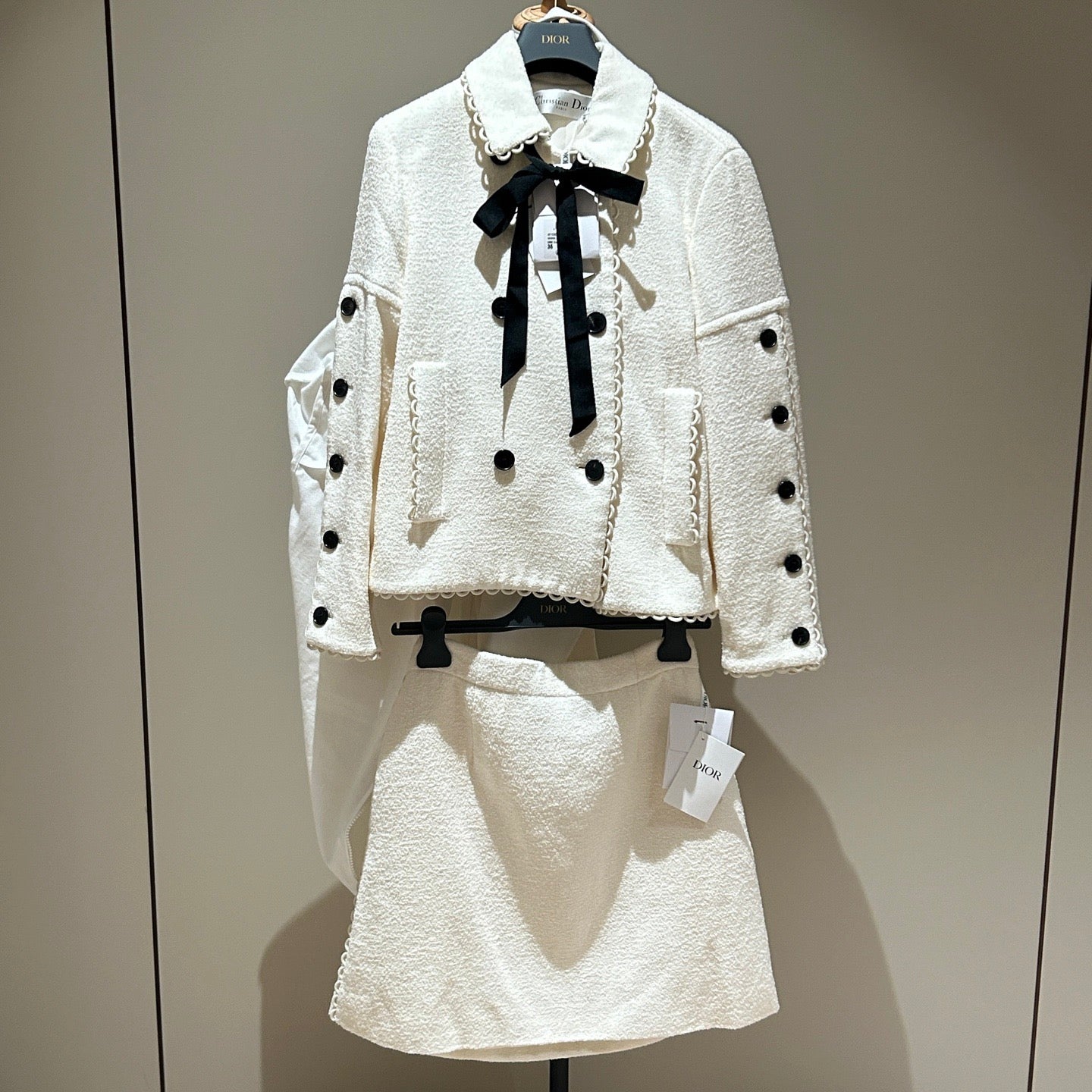 Dior White Wool Tweed Two-Piece Set, Lace Trim Jacket & Mini Skirt with Black Bow & Button Details