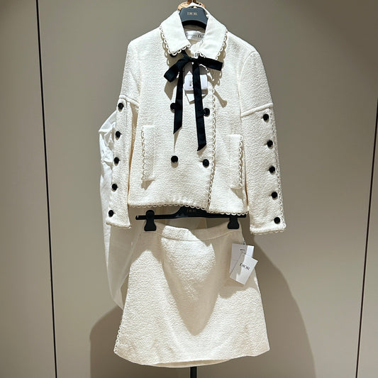 Dior White Wool Tweed Two-Piece Set, Lace Trim Jacket & Mini Skirt with Black Bow & Button Details