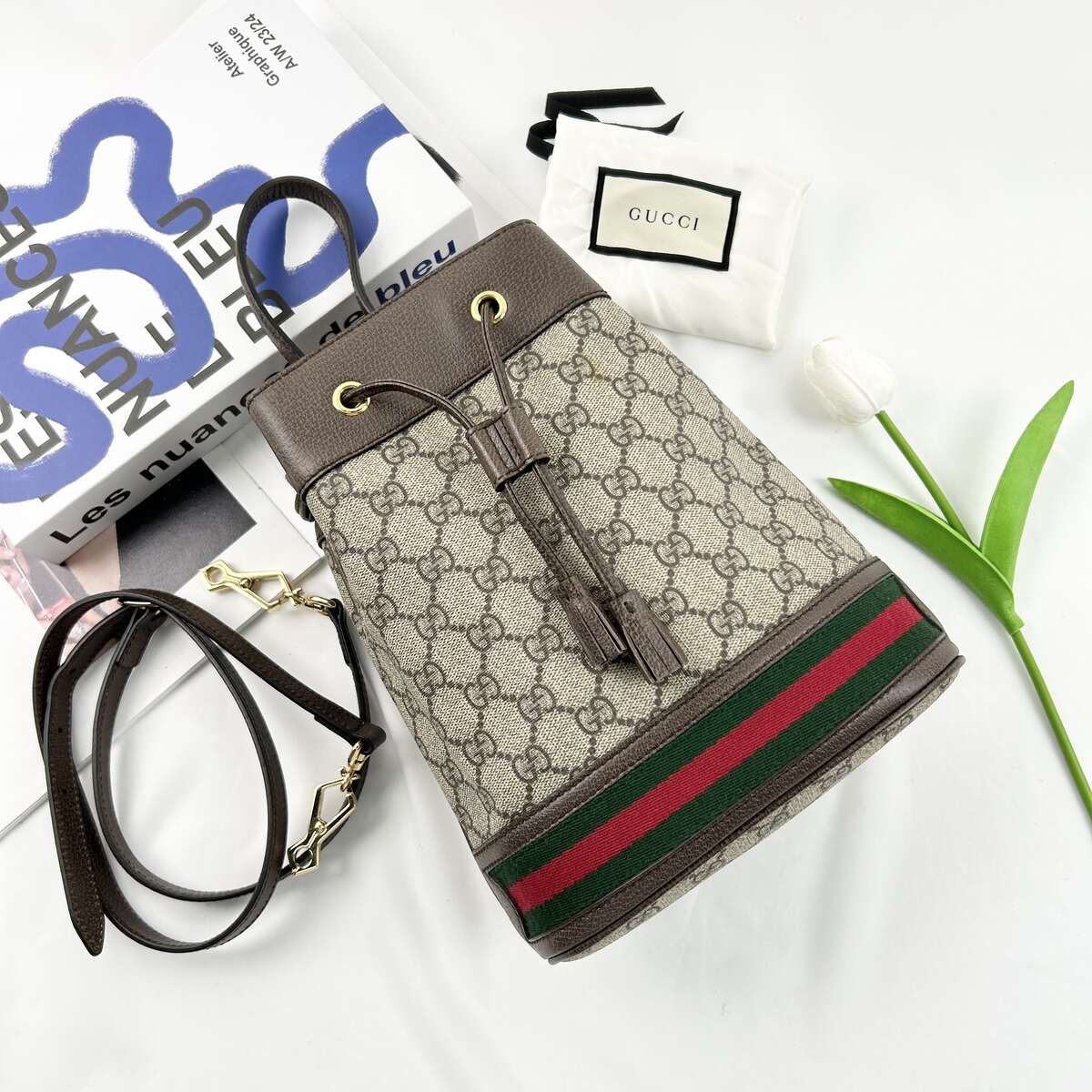 Gucci Ophidia Mini Bucket Crossbody Bag, GG Supreme Coated Canvas & Brown Leather Trim, Web Stripe Detail, Drawstring Closure with Detachable Shoulder Strap