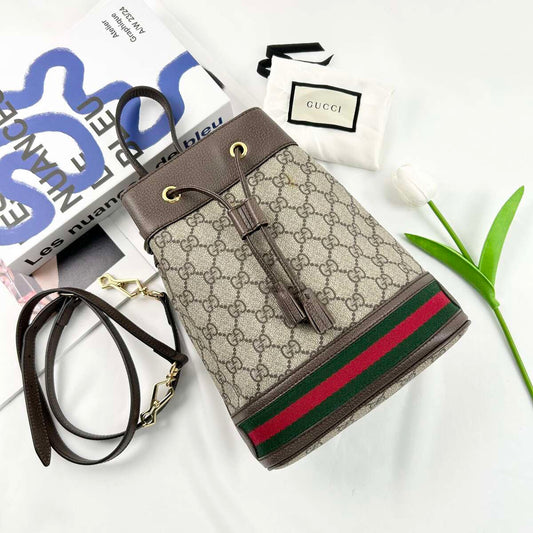 Gucci Ophidia Mini Bucket Crossbody Bag, GG Supreme Coated Canvas & Brown Leather Trim, Web Stripe Detail, Drawstring Closure with Detachable Shoulder Strap