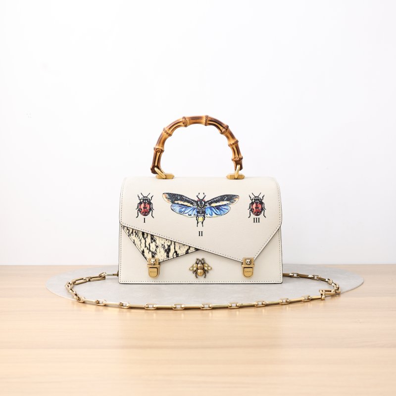 Gucci Ottilia Bamboo Top Handle Shoulder Bag, Off-White Calfskin with Snake Skin Inlay, Insect Print Motif, Gold Bee Hardware & Crystal Chain Strap