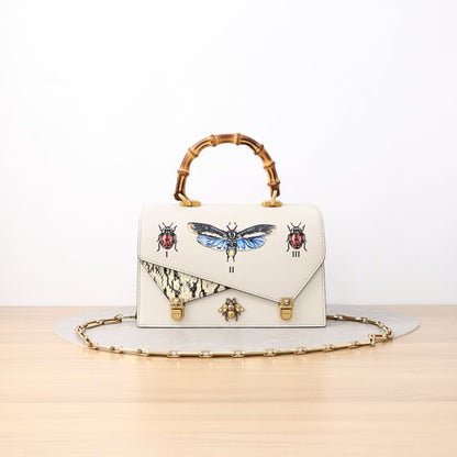 Gucci Ottilia Bamboo Top Handle Shoulder Bag, Off-White Calfskin with Snake Skin Inlay, Insect Print Motif, Gold Bee Hardware & Crystal Chain Strap