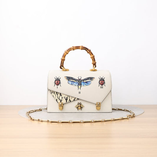 Gucci Ottilia Bamboo Top Handle Shoulder Bag, Off-White Calfskin with Snake Skin Inlay, Insect Print Motif, Gold Bee Hardware & Crystal Chain Strap