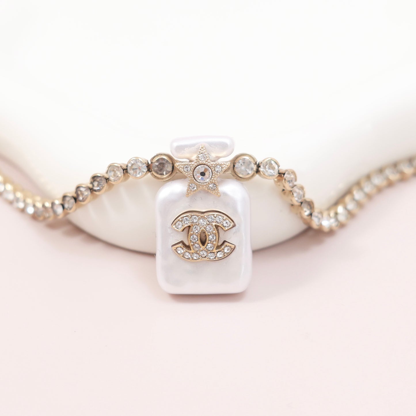 Chanel Perfume Bottle Pendant Necklace, Crystal & Imitation Pearl, Gold-tone Metal Setting