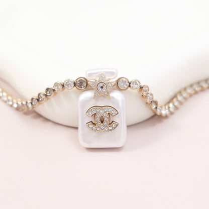 Chanel Perfume Bottle Pendant Necklace, Crystal & Imitation Pearl, Gold-tone Metal Setting