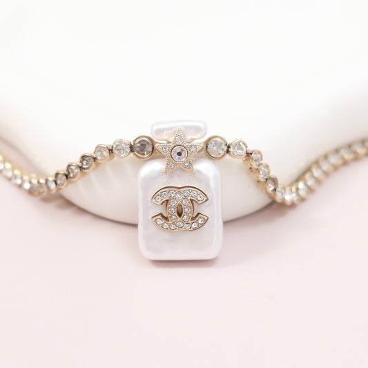Chanel Perfume Bottle Pendant Necklace, Crystal & Imitation Pearl, Gold-tone Metal Setting