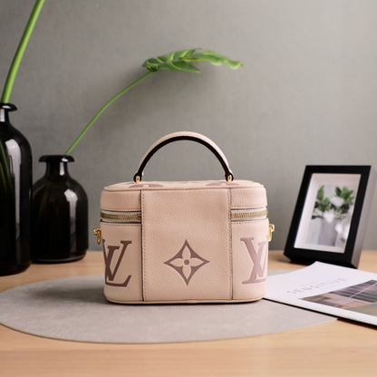 Louis Vuitton Mini Vanity Case, Giant Monogram Empreinte Leather, Cream Dune, Top Handle with Detachable Chain & Leather Crossbody Strap
