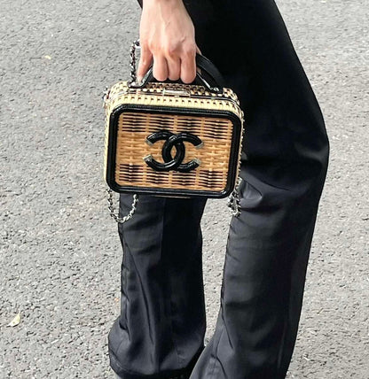 Chanel Small Vanity Case Camera Bag, 19S Cruise Collection, Raphia & Patent Calfskin, Silver-tone Metal Hardware