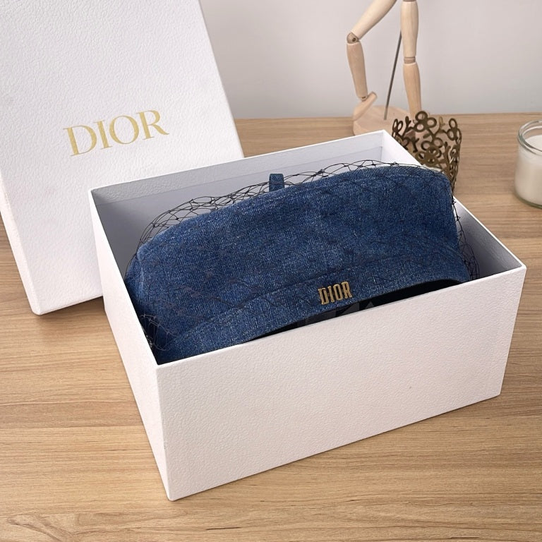 Dior Arty Beret, Blue Denim Cotton with Black Veil Netting, Gold Metal Dior Logo
