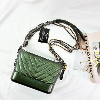 Chanel Small Gabrielle Hobo Bag, Metallic Dark Green Distressed Calfskin, Mixed Gold & Ruthenium Hardware