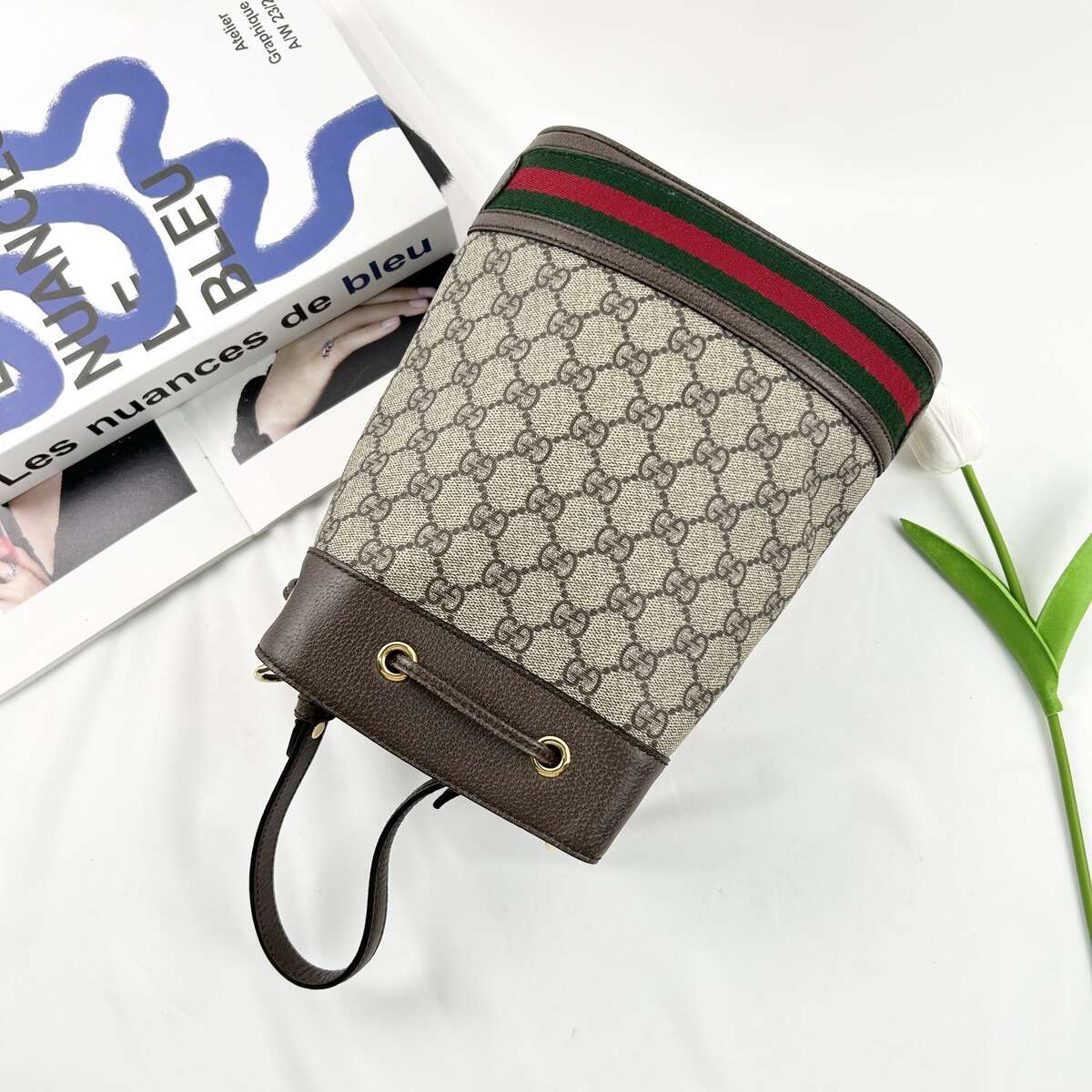Gucci Ophidia Mini Bucket Crossbody Bag, GG Supreme Coated Canvas & Brown Leather Trim, Web Stripe Detail, Drawstring Closure with Detachable Shoulder Strap