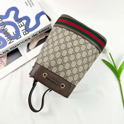 Gucci Ophidia Mini Bucket Crossbody Bag, GG Supreme Coated Canvas & Brown Leather Trim, Web Stripe Detail, Drawstring Closure with Detachable Shoulder Strap