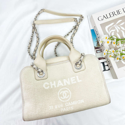 Chanel Small Deauville Shopping Bag, 22C Collection, White Mixed Fiber Canvas, Silver-tone Metal Chain Hardware