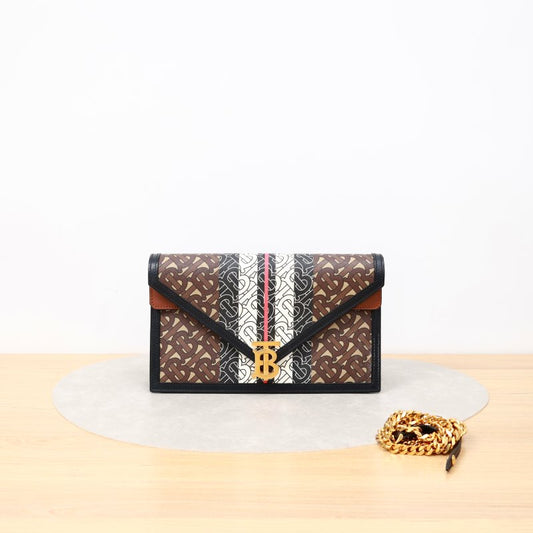 Burberry TB Monogram Envelope Chain Crossbody Bag, Stripe Printed Coated Canvas & Leather Trim, Gold-tone TB Logo Hardware