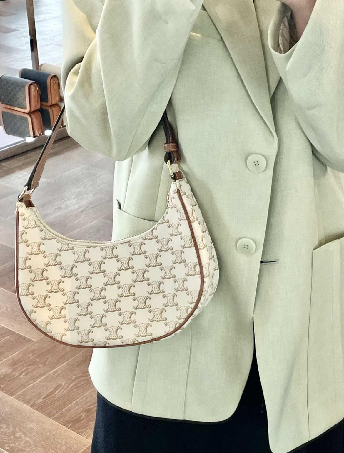 Celine Ava Shoulder Bag in Triomphe Canvas & Calfskin Leather