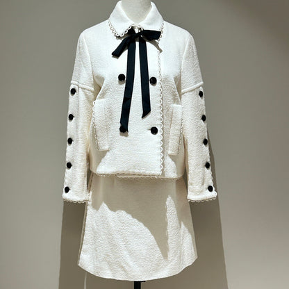 Dior White Wool Tweed Two-Piece Set, Lace Trim Jacket & Mini Skirt with Black Bow & Button Details