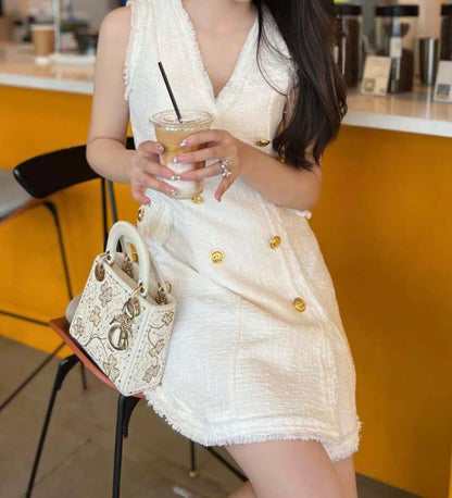 Mini Lady Dior Bag, White Calfskin with Gold Clover Embroidery & Sequins, Gold Hardware