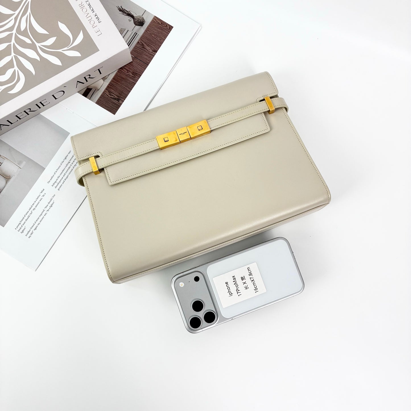 YSL Medium Manhattan Shoulder Bag in White Smooth Calfskin, Gold-Tone Hardware