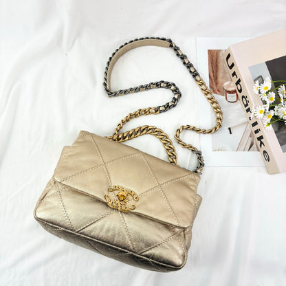 Chanel Small 19 Flap Bag, Metallic Goatskin, Mixed Gold/Silver Tone Hardware