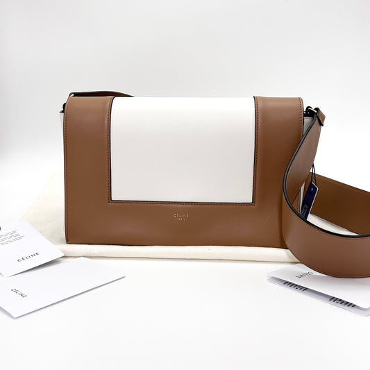 Celine Frame Shoulder Bag, Brown & White Smooth Calfskin, Gold-tone Clasp Hardware with Wide Leather Strap